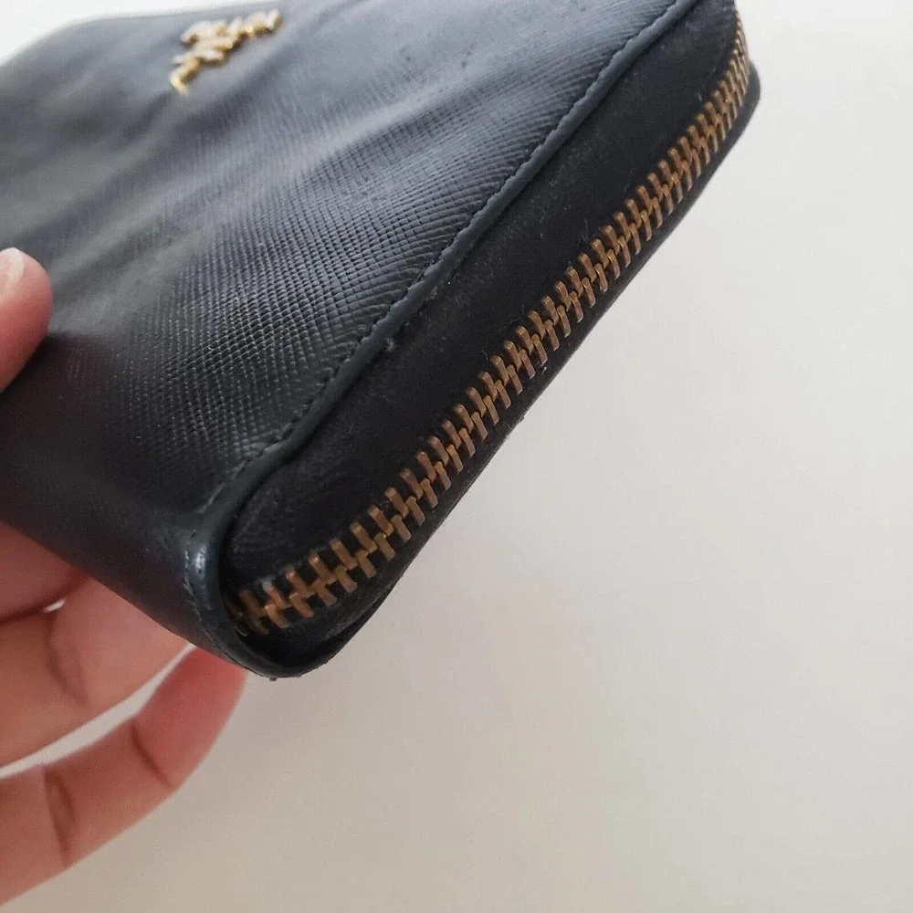 Prada Long Wallet Leather Zipper Black Zip Around Italy Continental Logo Clutch - Picture 6 of 13